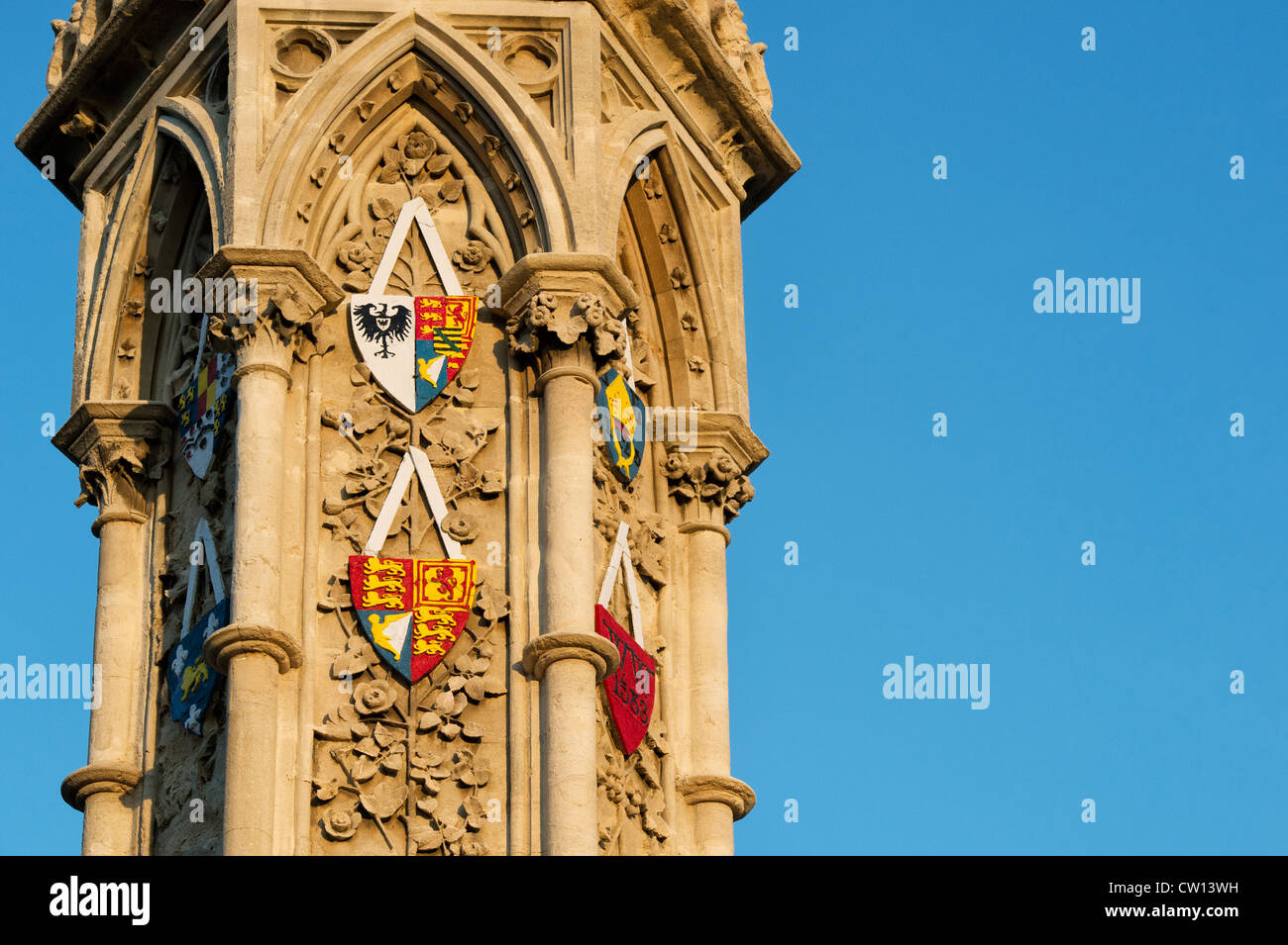Heraldic shields on Banbury cross, Oxfordshire, England Stock Photo