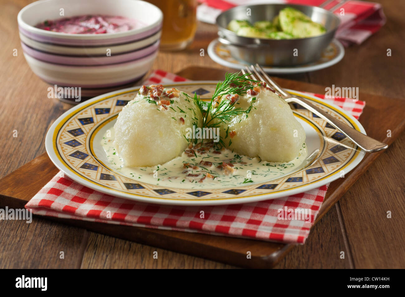 Cepelinai Zeppelin Dumplings and Borscht Lithuanian food Stock Photo