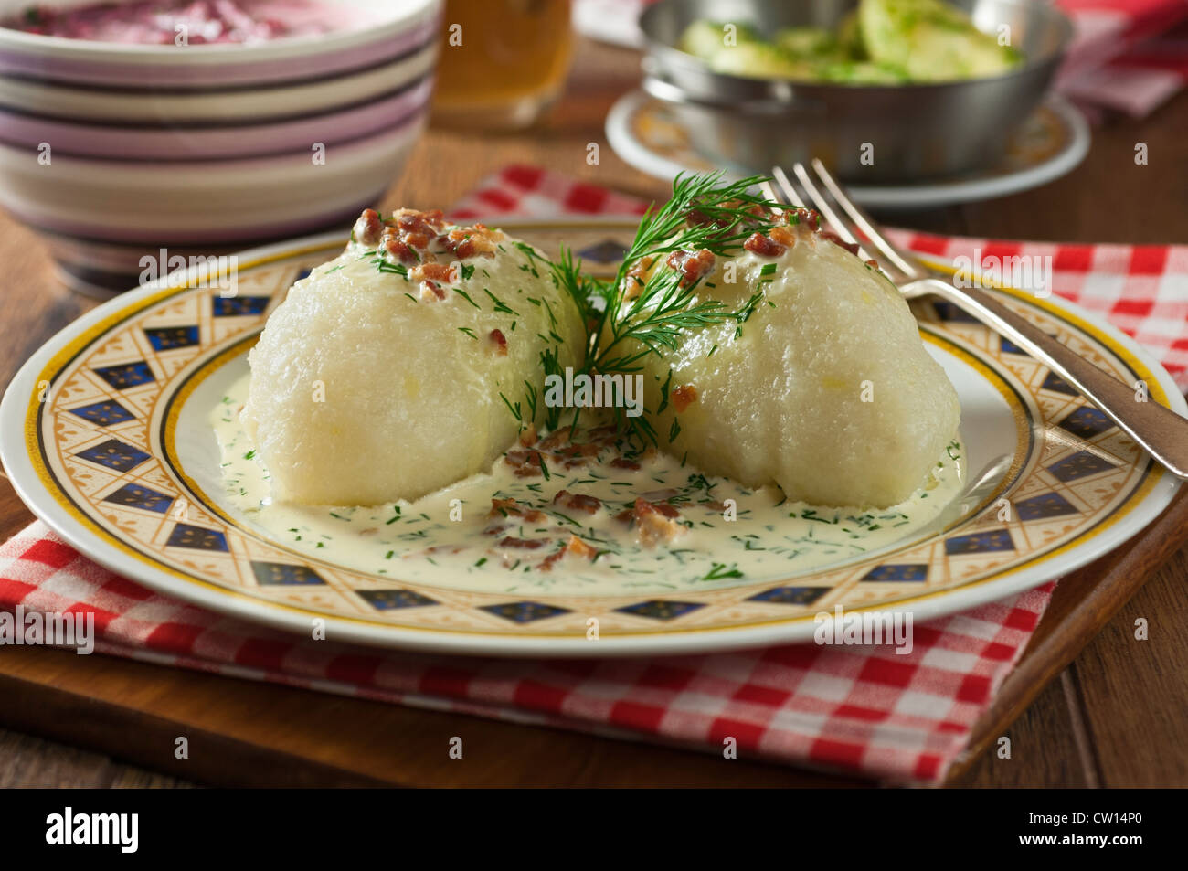 Cepelinai Zeppelin Dumplings and Borscht Lithuanian food Stock Photo