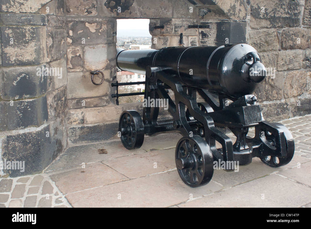 There are 6 of these cannons Looking out over the Scottish city of Edinburgh, made of iron and built around 1810 Napoleonic wars Stock Photo