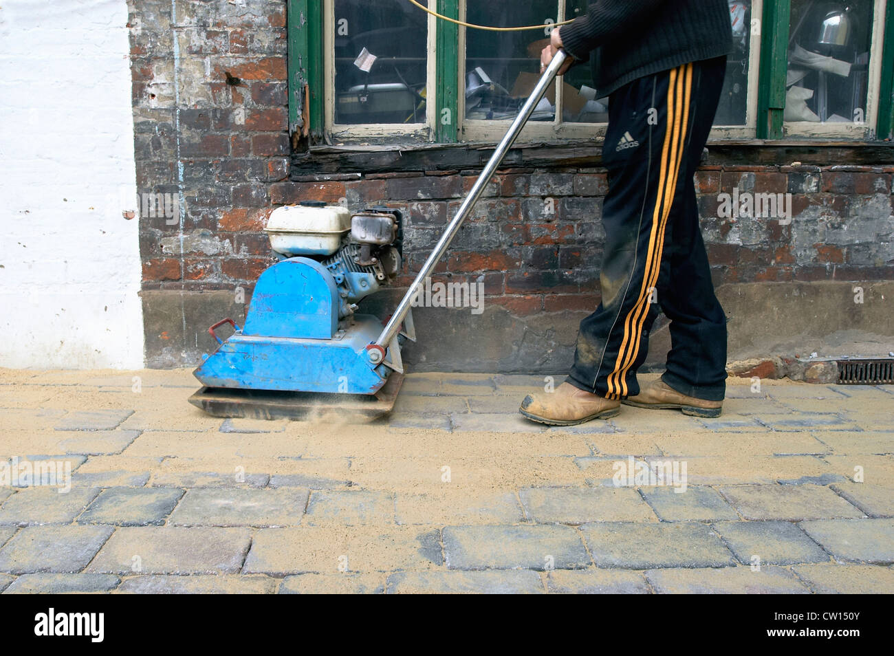 Compactor machine used to leveling cobbled paving stones Stock Photo