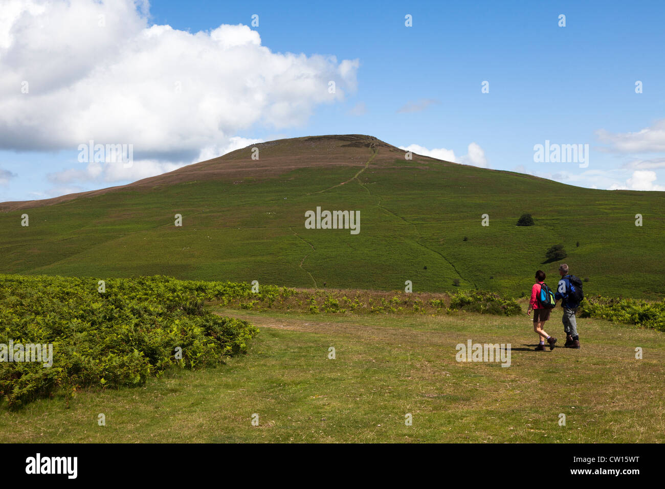 Two people walking on the Sugar Loaf mountain, Abergavenny, Wales, UK Stock Photo