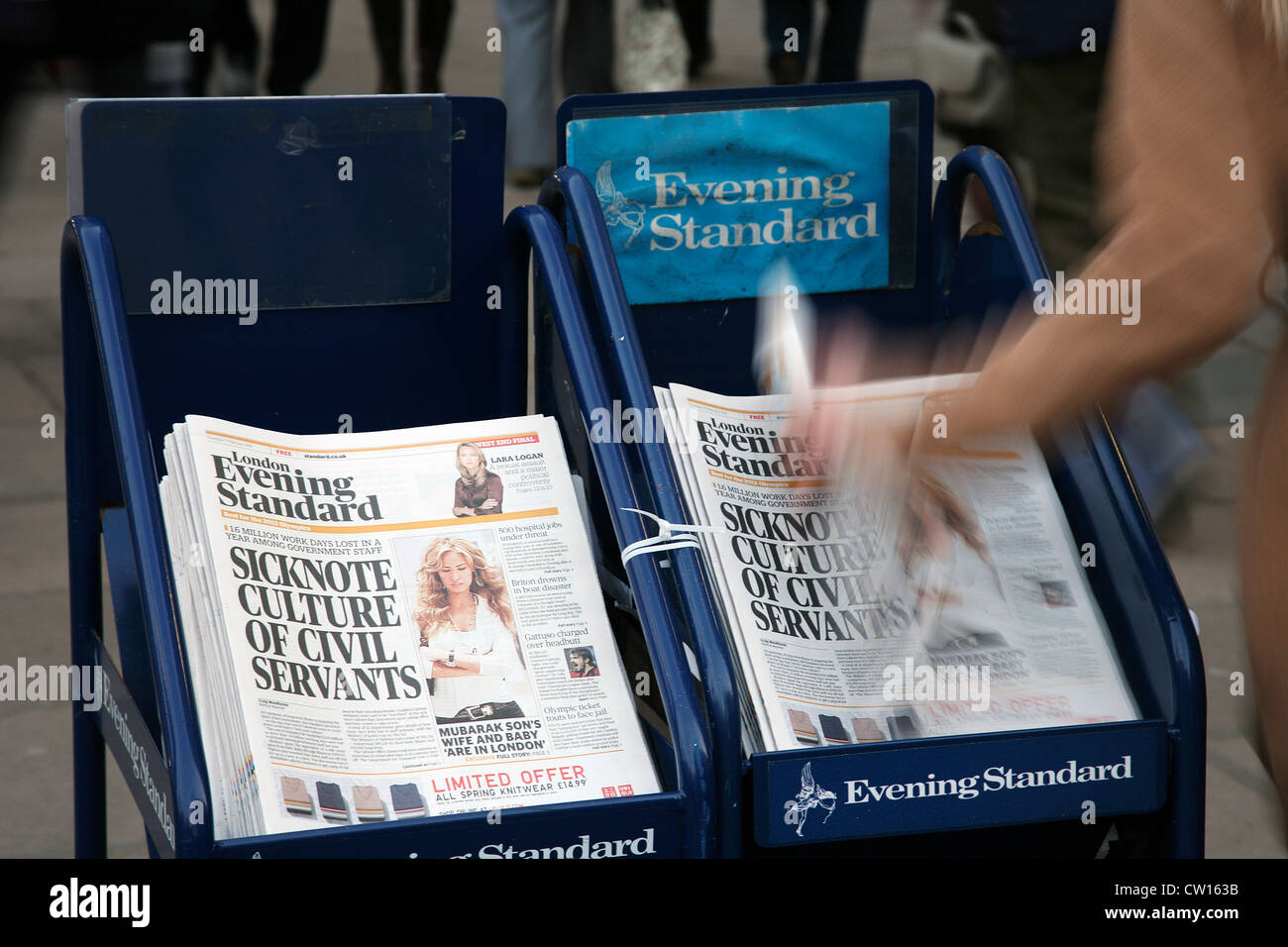 London, UK - February 17, 2011: A pile of popular Evening Standard, free daily newspaper, evening tabloid paper, made available Stock Photo