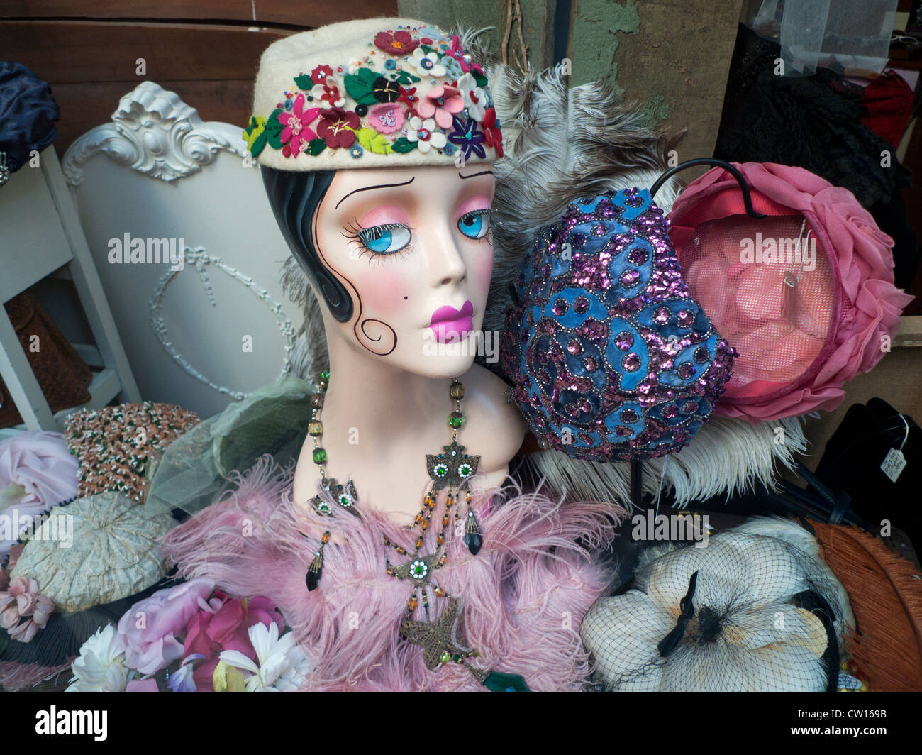 A hat display and mannequin in a vintage shop window Cardiff Wales UK KATHY  DEWITT Stock Photo - Alamy