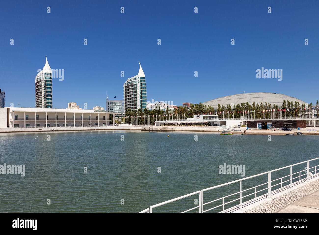 Portuguese Pavilion, Sao Gabriel (L) and Sao Rafael (R) Towers and Atlantico Pavilion. Parque das Nações, Lisbon, Portugal. Stock Photo