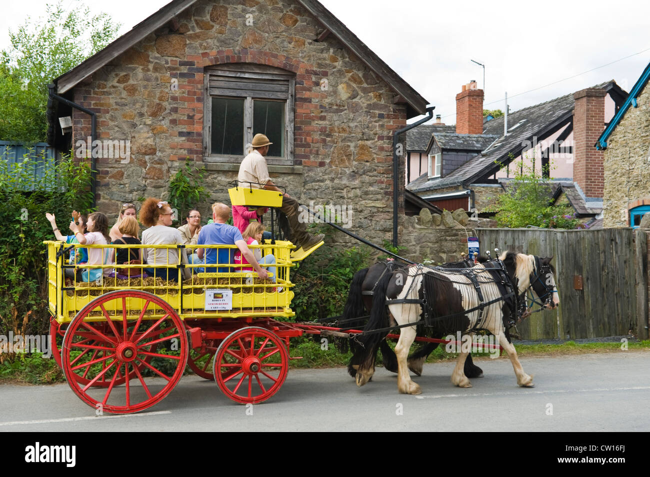 Rides for visitors on horse and cart at village fete on Scarecrow Day in Brampton Bryan Herefordshire England UK Stock Photo