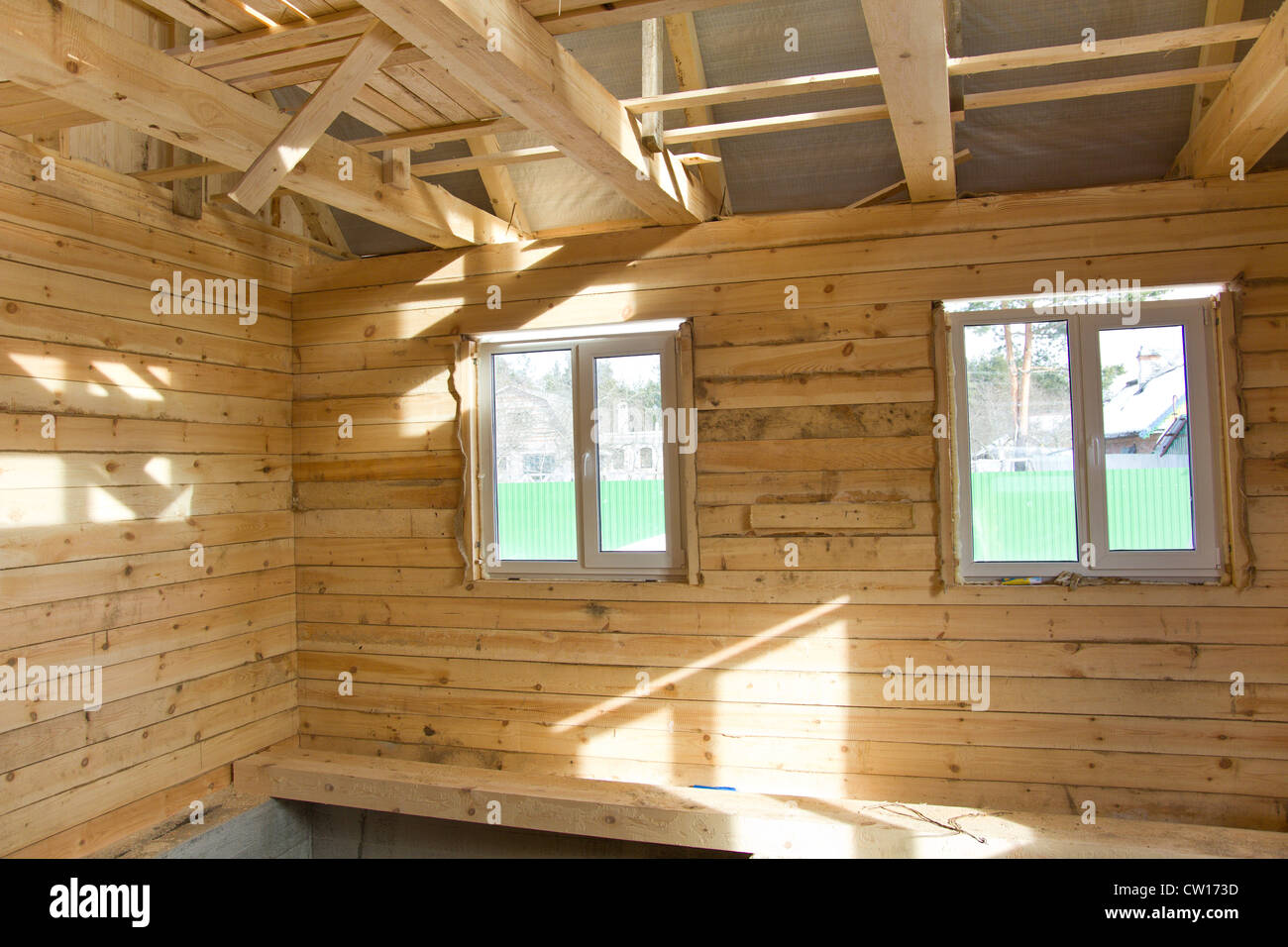Unfinished wooden village house inside Stock Photo Alamy