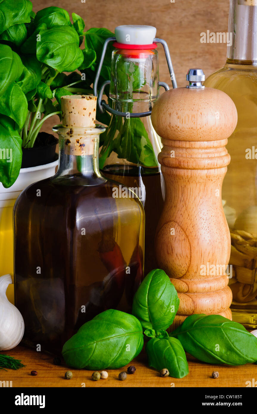 background with olive oil, herbs and spices Stock Photo
