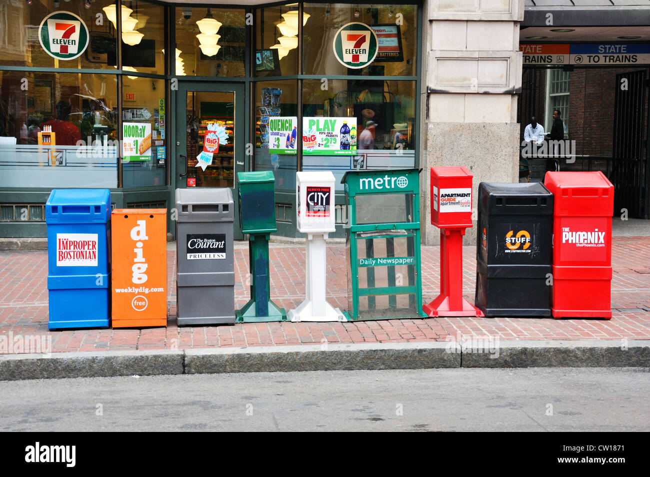 Newspaper distribution boxes, Boston, Massachusetts, USA Stock Photo