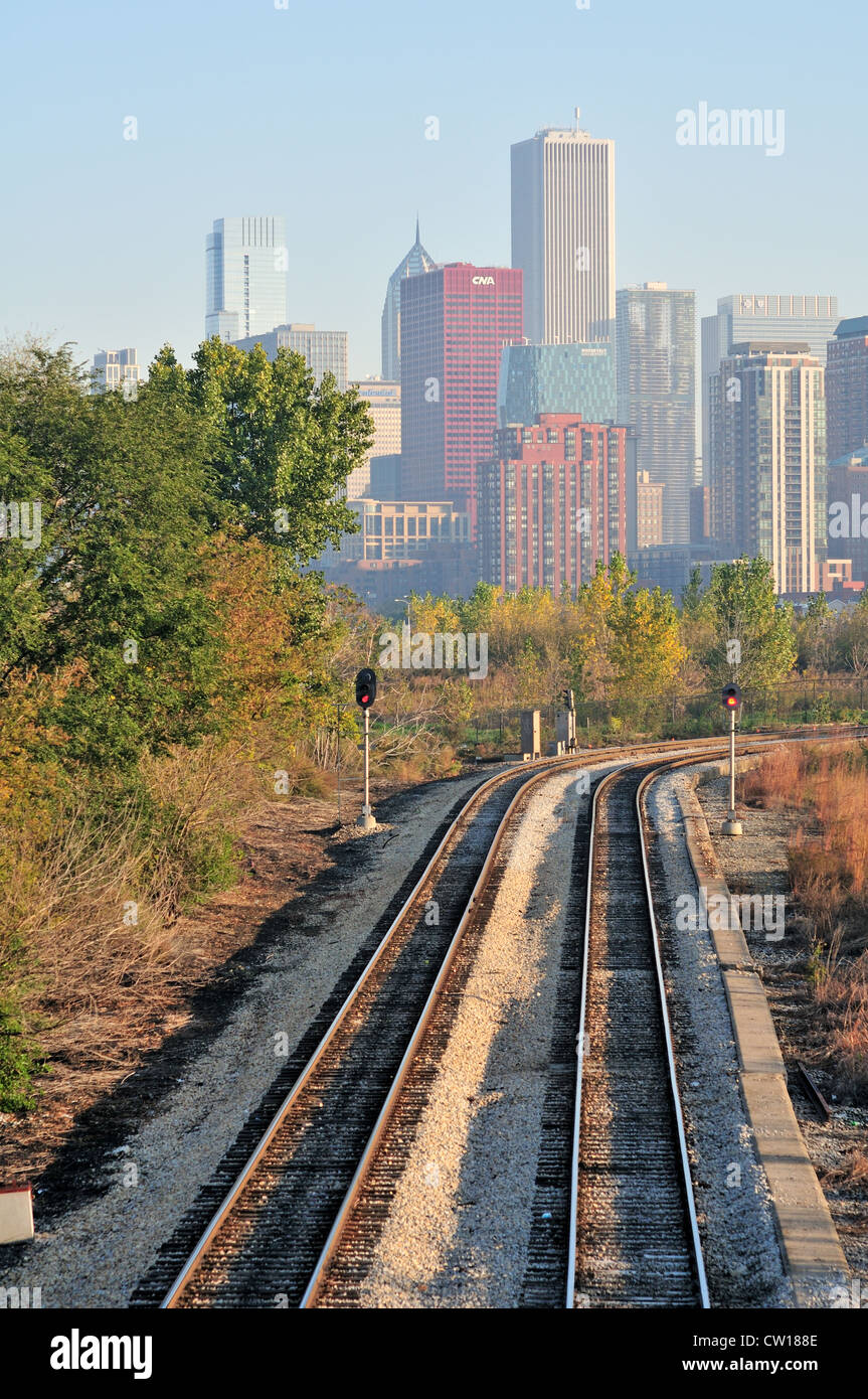 Railroad tracks leading to downtown Chicago, Illinois, USA. Stock Photo