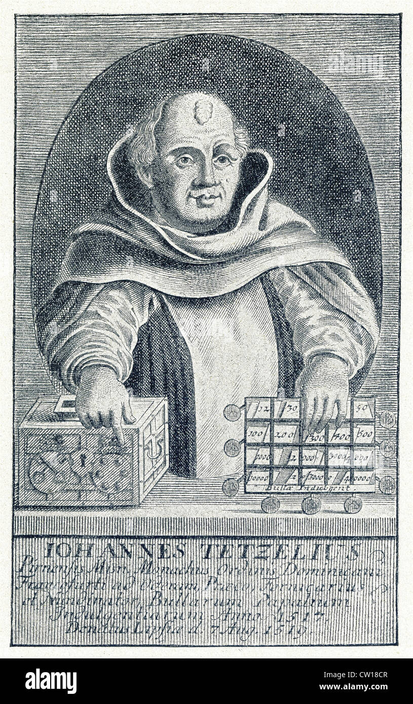 This copper plate from 1750 shows Dominican preacher Johann Tetzel with his cash box and his indulgences. Stock Photo