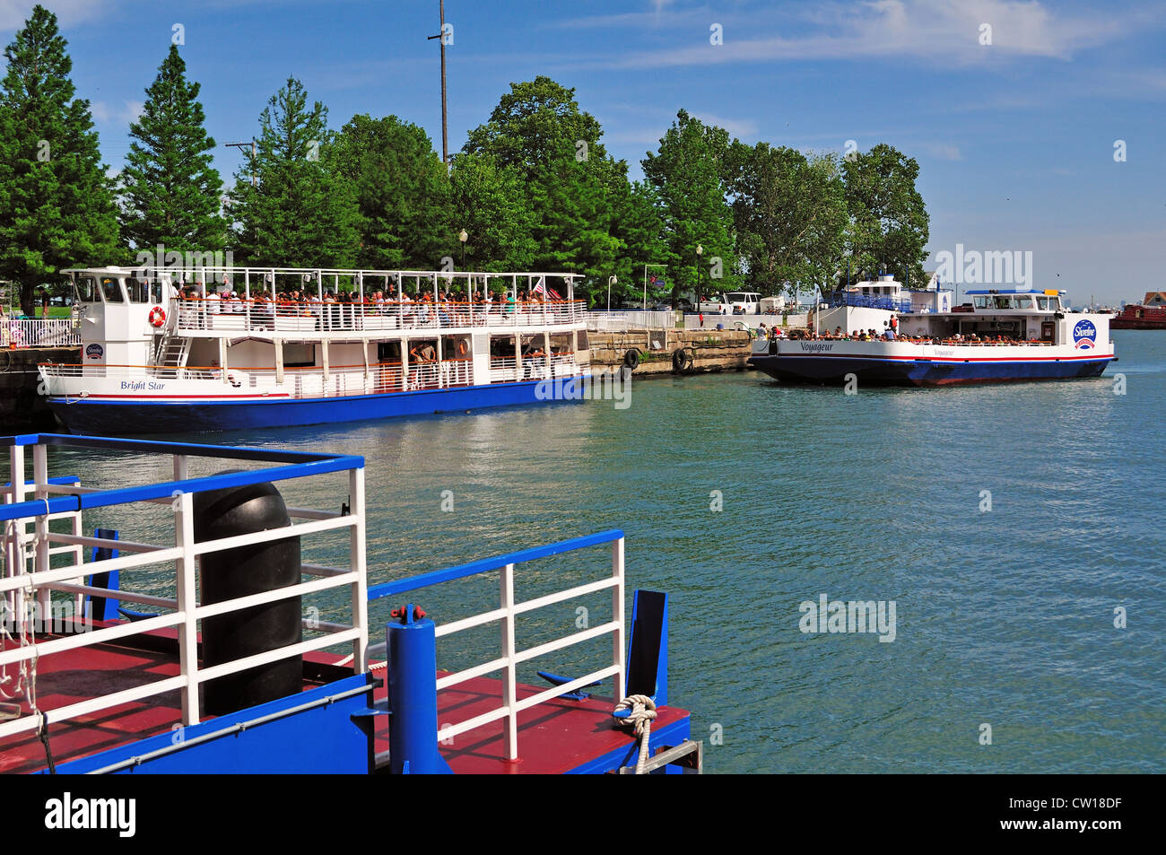 USA Illinois Chicago Navy Pier Water taxis and docking piers. USA. Stock Photo