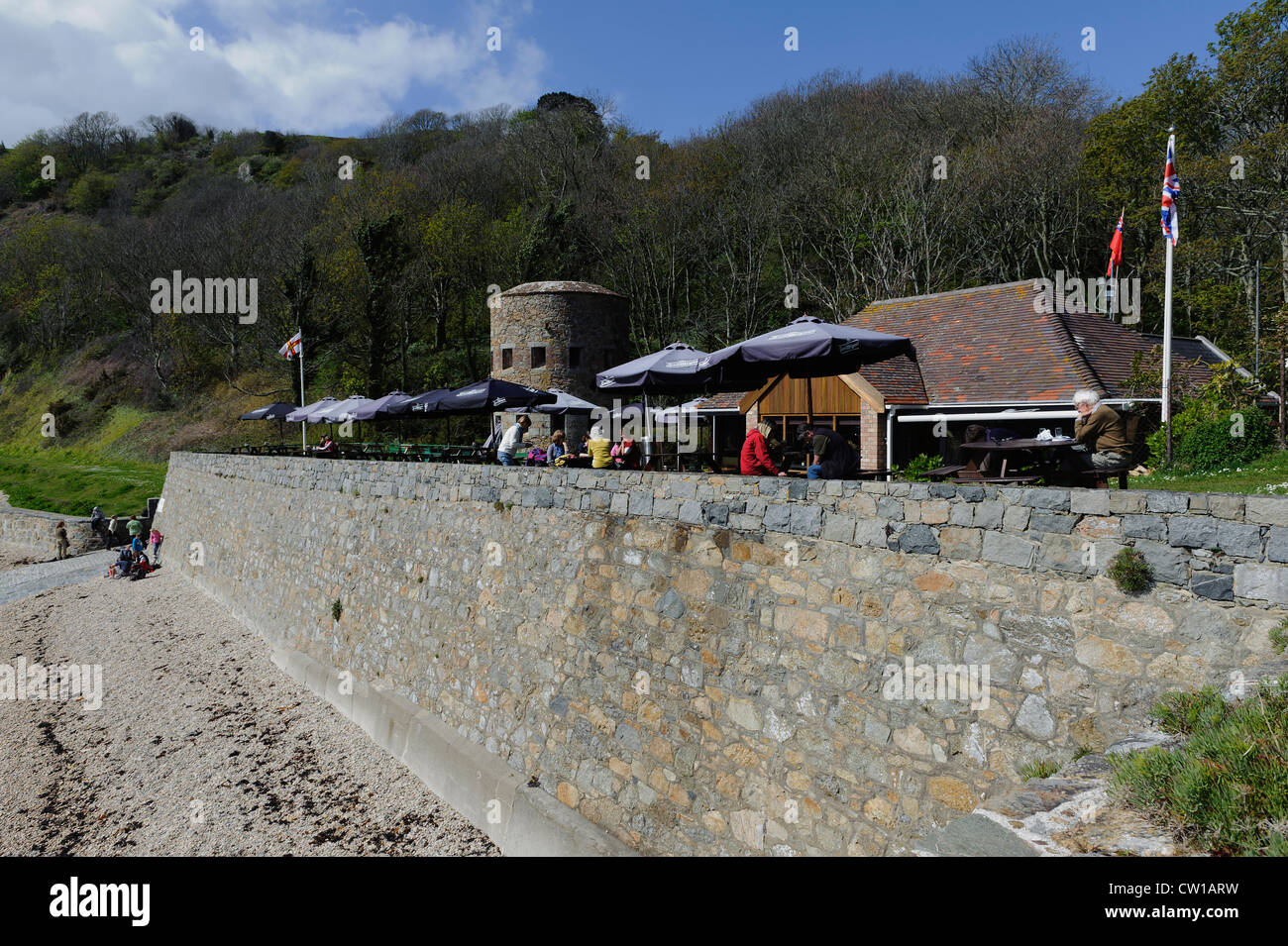 Restaurant and Watchtower,  Fermain Bay, Isle of Guernsey, Channel Islands Stock Photo