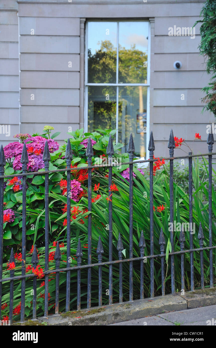 Tenement flower garden with wrought iron fence in Glasgow, Scotland ...