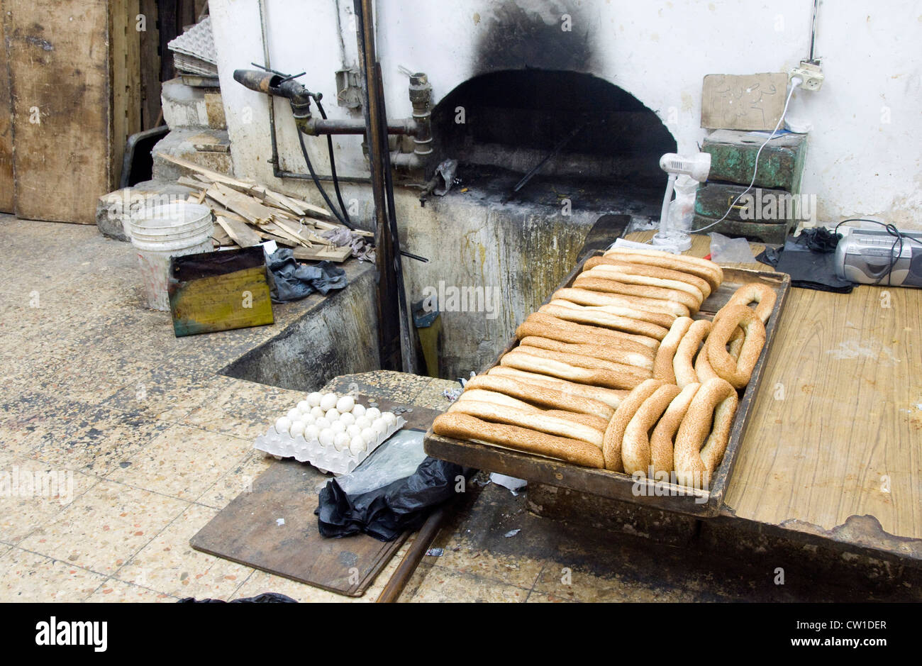 local bakery fresh bread ancient oven and igredients old city Jerusalem Palestine Israel Stock Photo