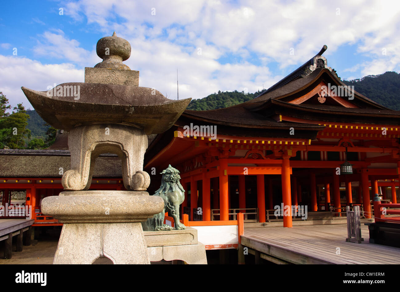 A stone monument in front of the Itsukushima shrine on Miyajima island in Hiroshima prefecture Stock Photo