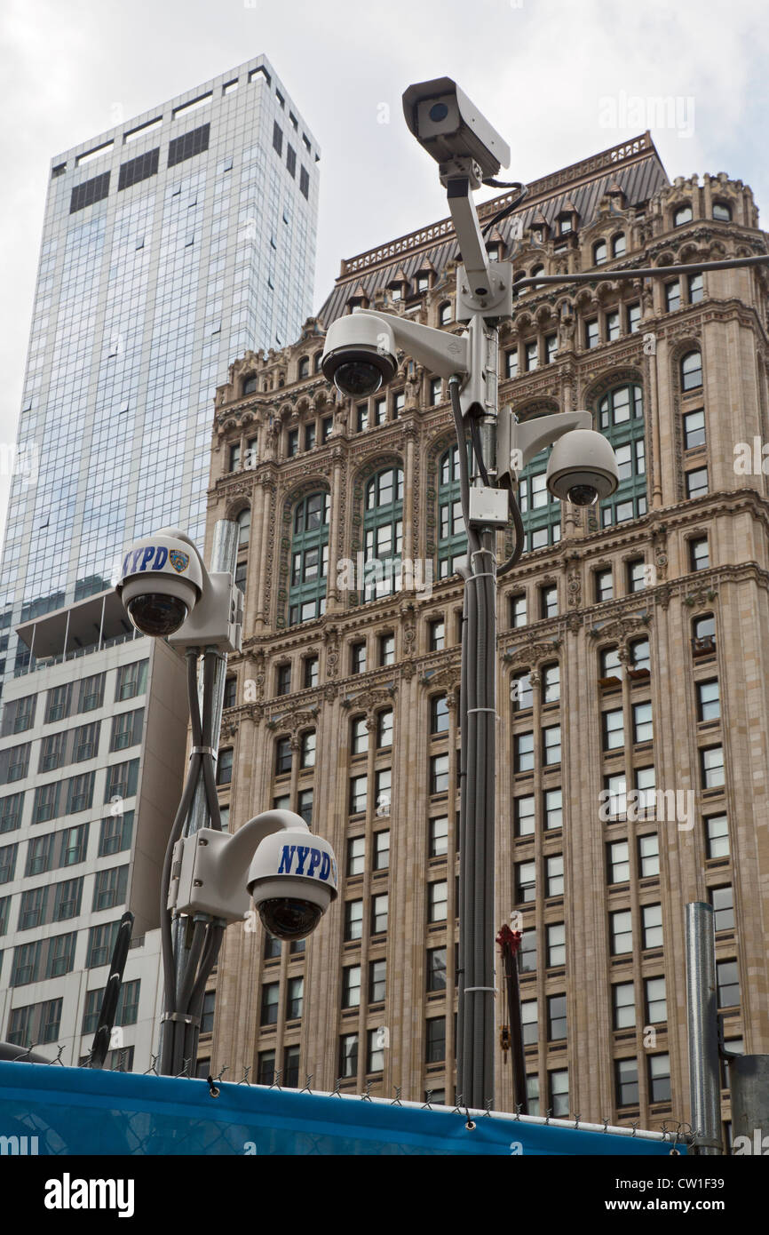 New York, NY - New York Police Department surveillance cameras near the September 11 Memorial in lower Manhattan. Stock Photo