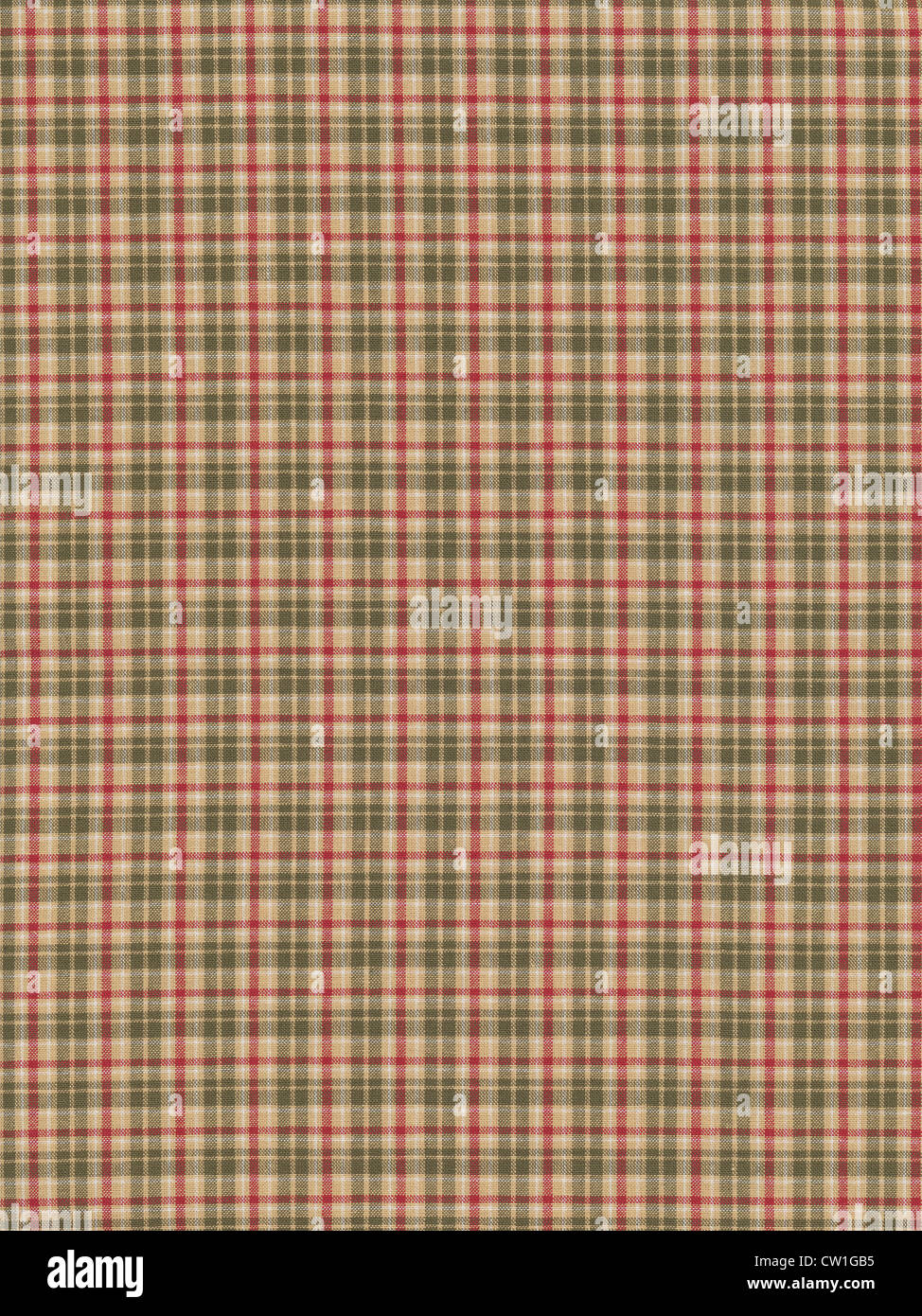 Red white green and tan plaid gingham textile background. Stock Photo