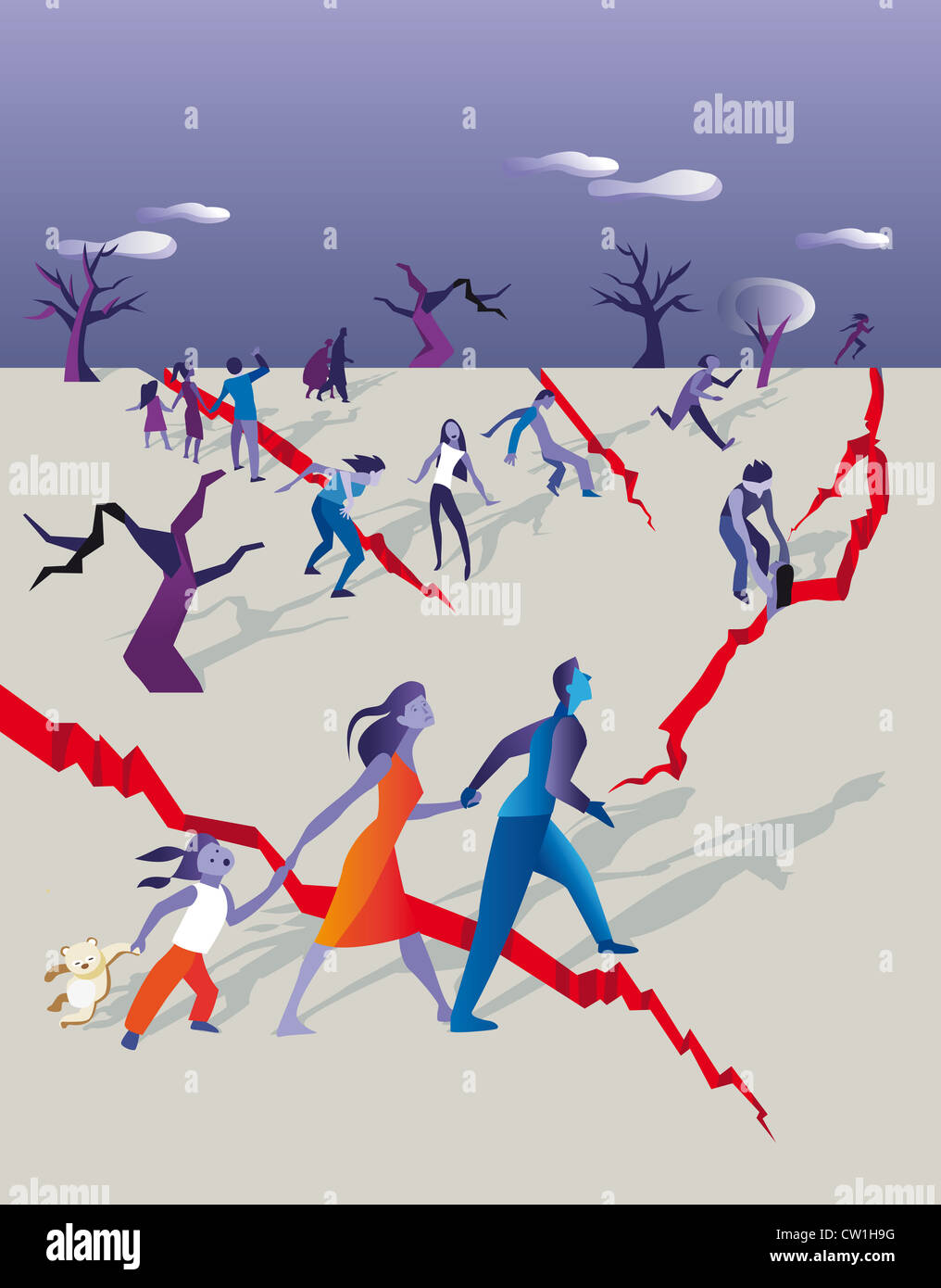 Groups of people running away and trying to safety while the soil is ...