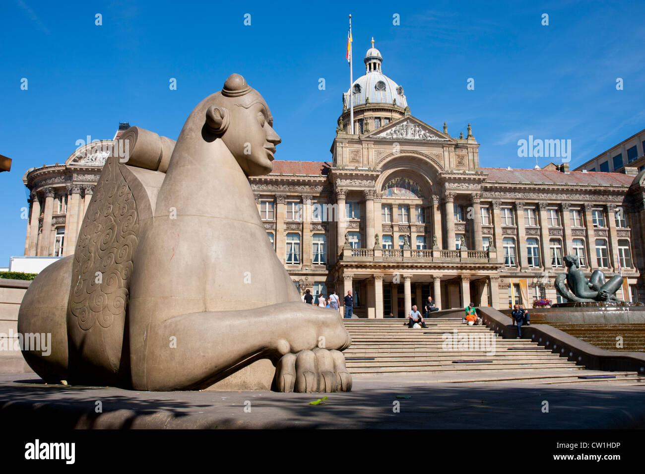 The Guardian statue. The River sculpture and Council House building, Victoria Square, Birmingham city centre. Stock Photo