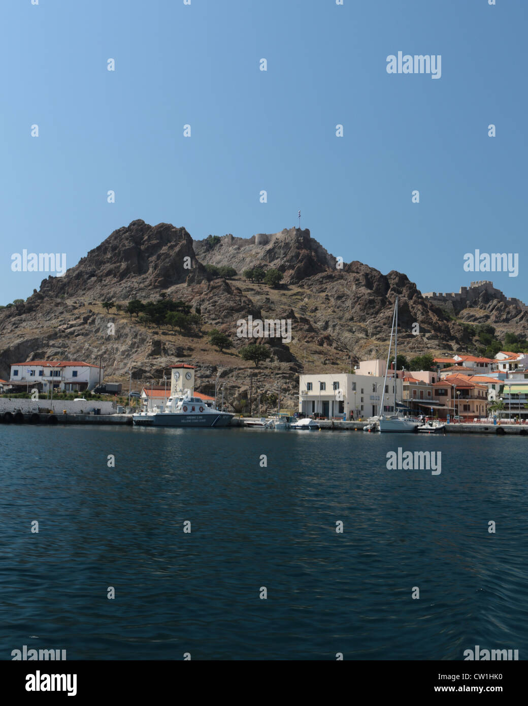 The harbour of Myrina with its castle on the Greek island of Lemnos Stock Photo