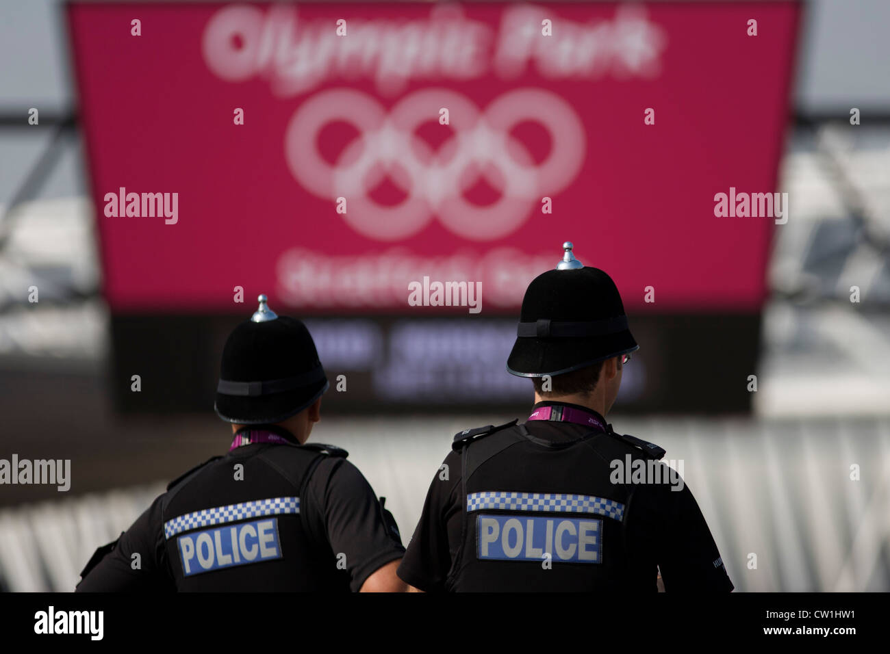 Police officers from Humberside in the North east of England stand in front of the main entrance to the Olympic Park as a visible presence during the London 2012 Olympics. More than 230 officers from across the Humber region travelled to London to help police the Olympic Games. Holidays were restricted, training reduced and special constables drafted in to provide cover in Hull and the East Riding as officers were sent to London to police the city while the Games are on. Senior officers say they have been working hard to ensure 'core policing' across Hull and the East Riding is not weakened. Stock Photo