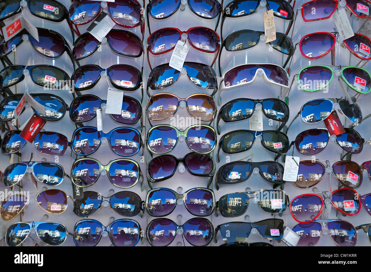 Fake branded sunglasses for sale in the street market in Belek Stock Photo  - Alamy