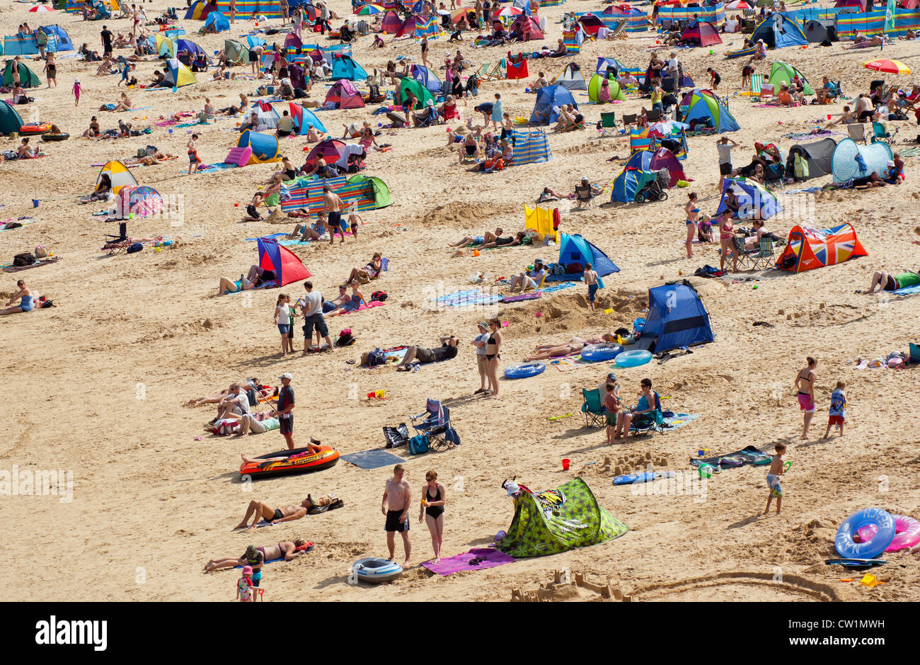 St. Ives busy Porthminster beach in mid summer, Cornwall UK. Stock Photo