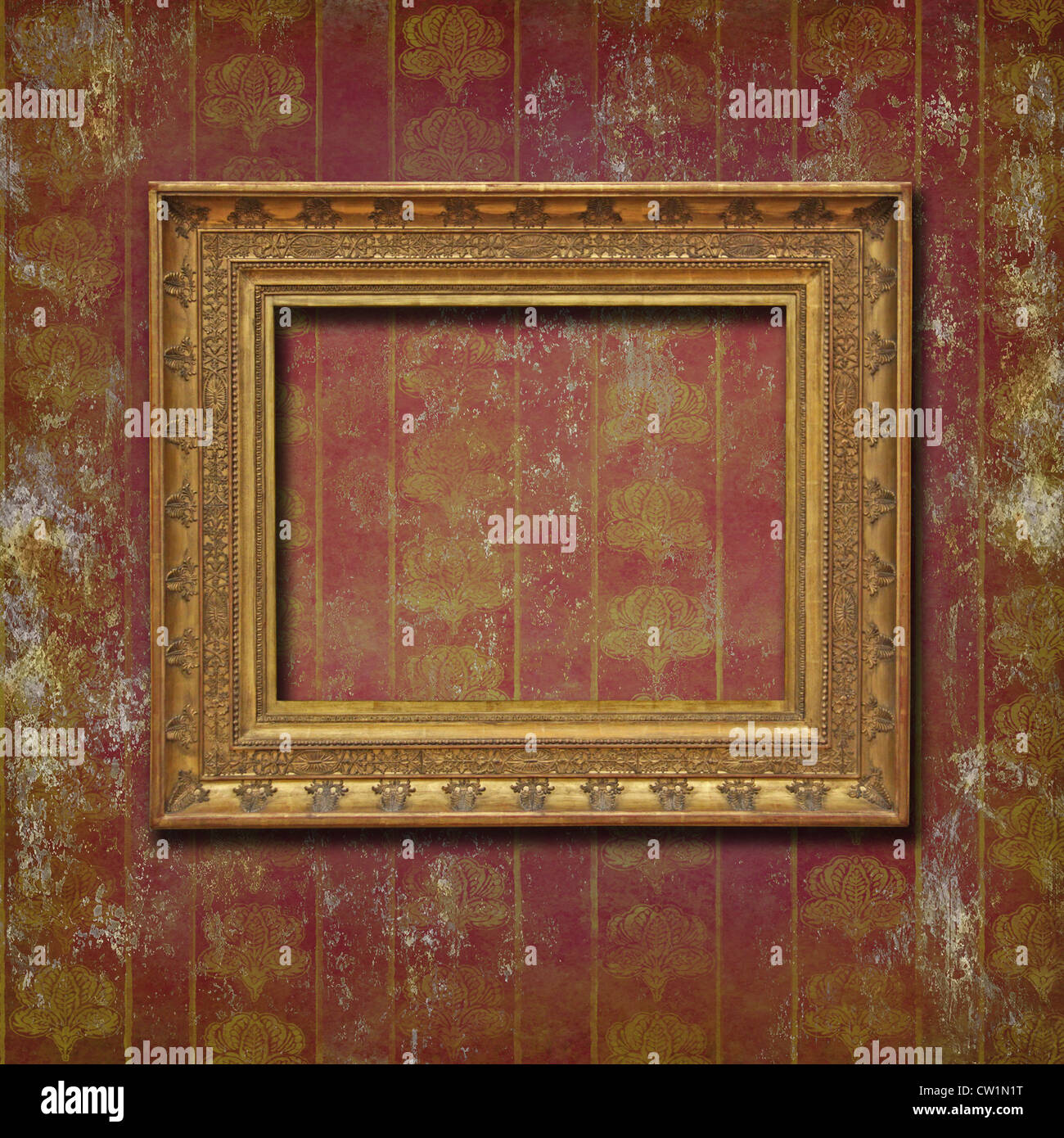 Baroque empty golden frame on a grunge ruined wallpaper with vintage