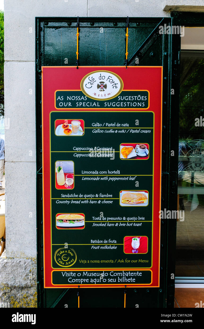 An attractive black and red board displaying the menu with a diagram and English and Portuguese language descriptions, Belem Stock Photo