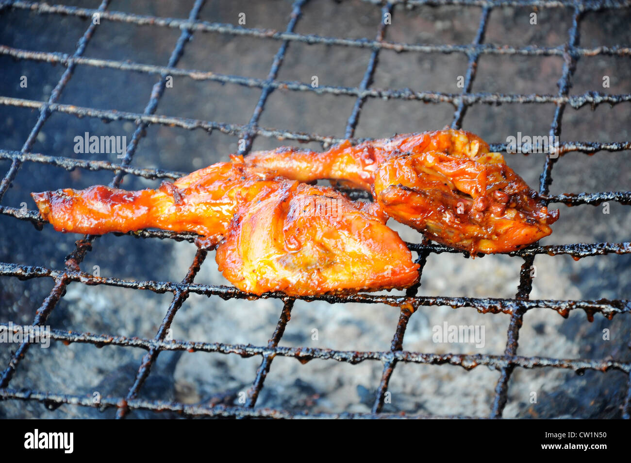 Chicken meat marinated with traditional spices, grilled over hot coals. Stock Photo