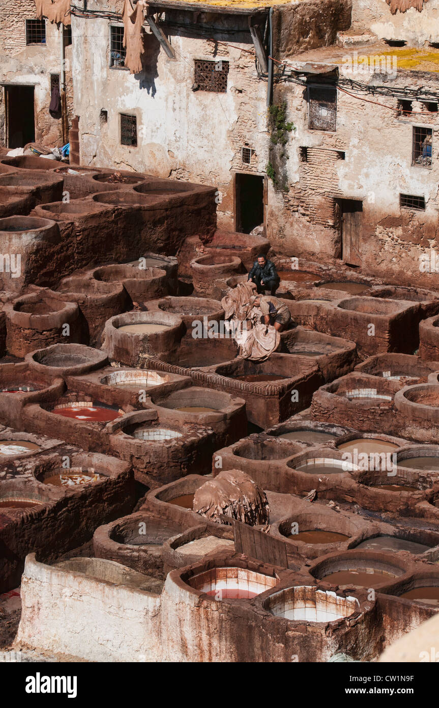 the thousand year old leather tanneries in the ancient medina of Fes, Morocco Stock Photo