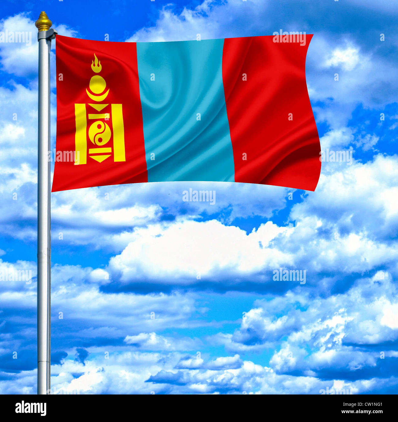 Mongolia waving flag against blue sky Stock Photo - Alamy