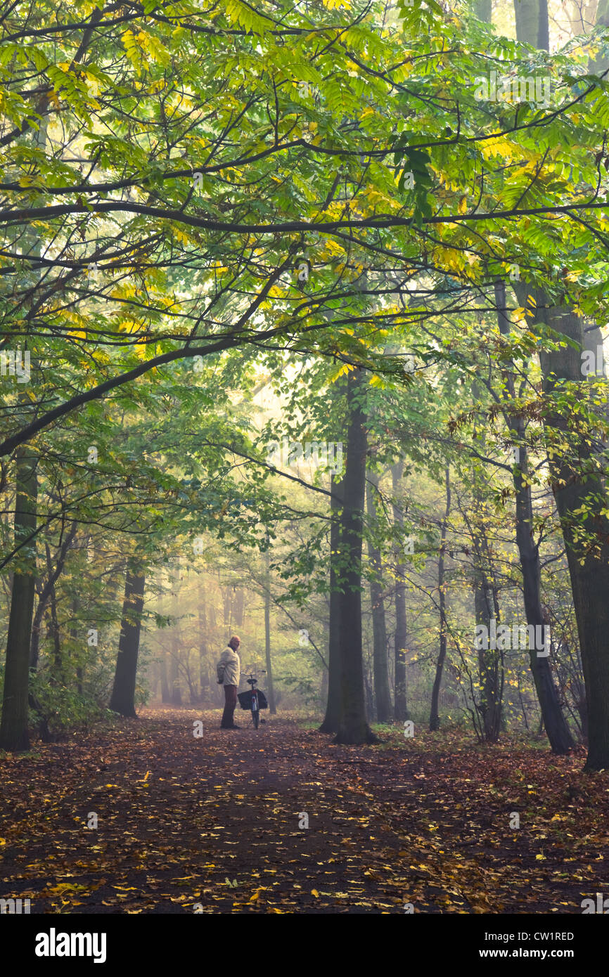 Man with bike enjoying the misty forest on cold day in fall Stock Photo