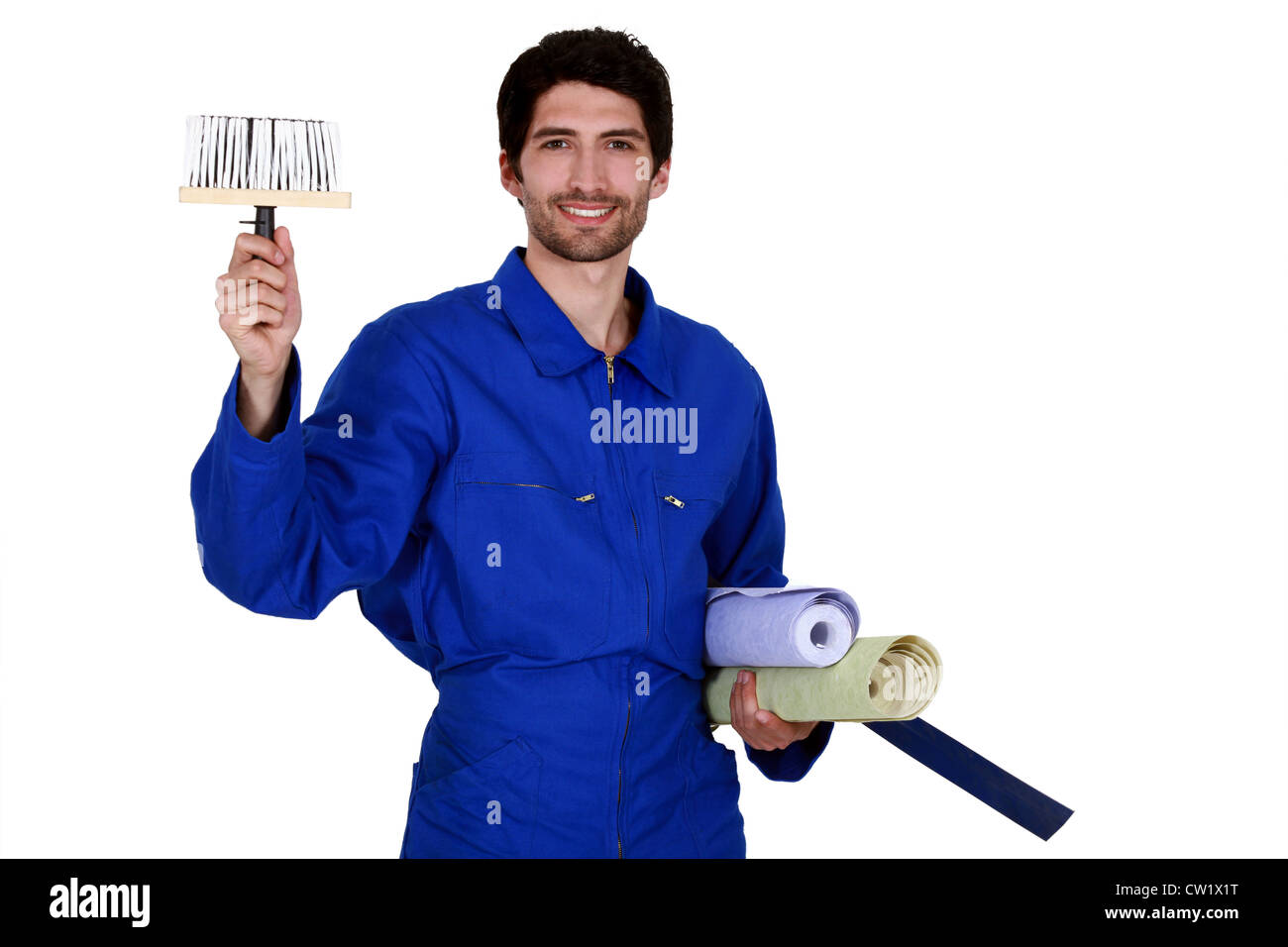 Decorator ready to start wallpapering Stock Photo Alamy