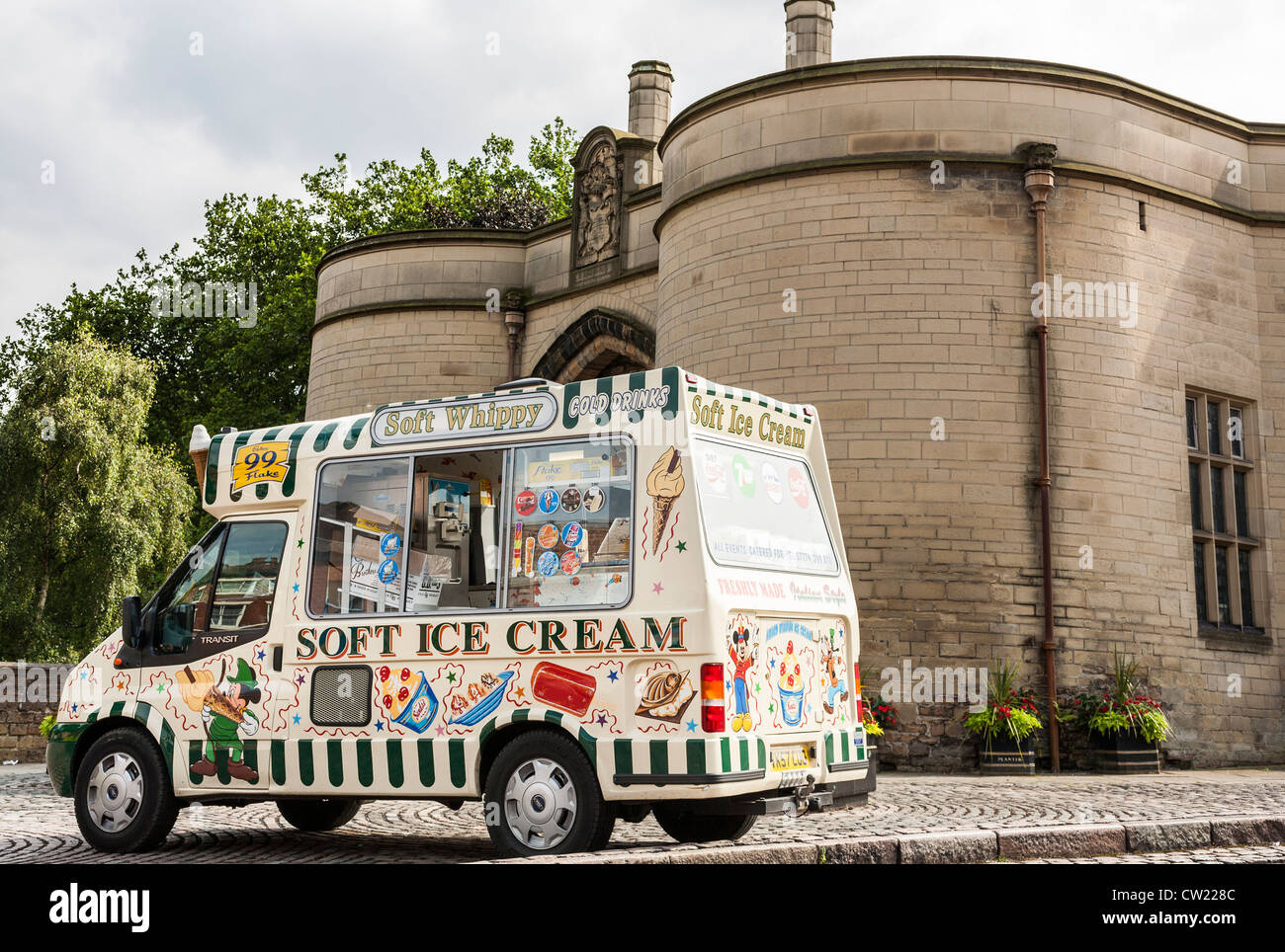 Ice cream van stands outside the gates to Nottingham castle on a hot