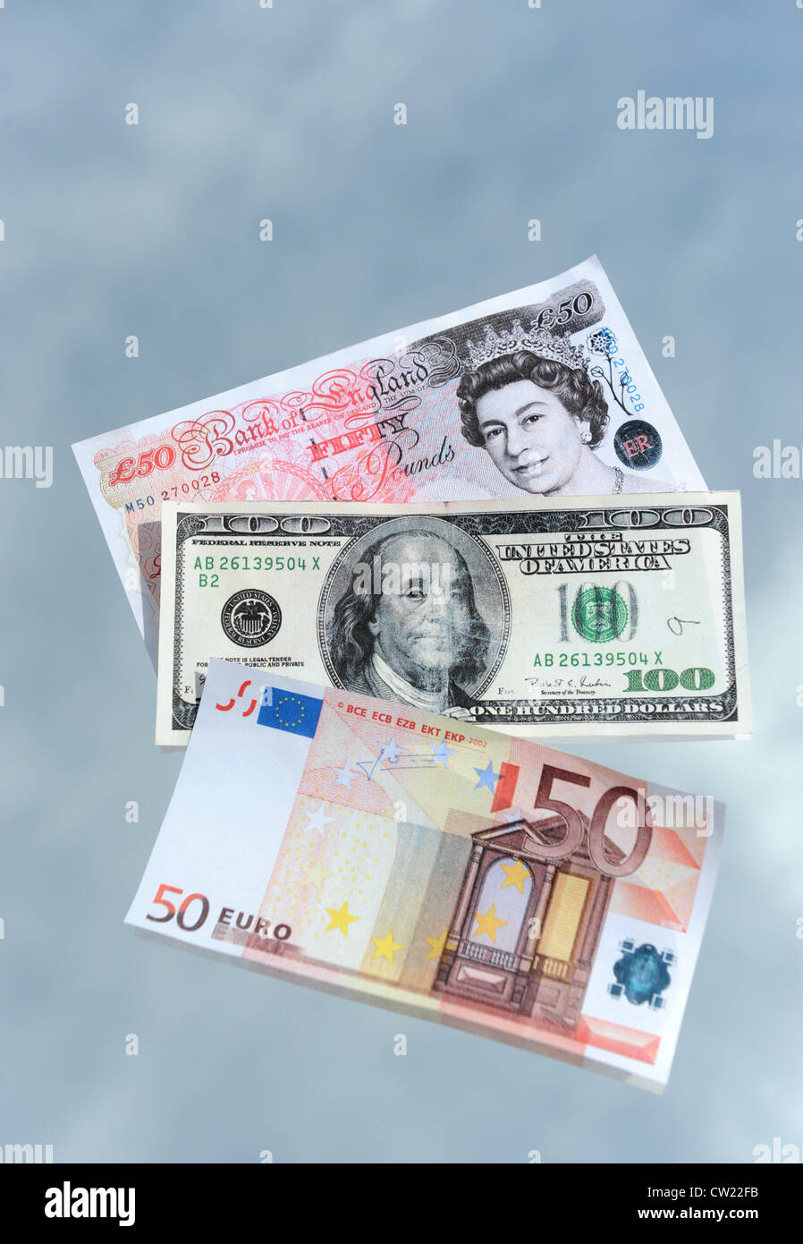 Euro dollars and sterling currency notes against sky Stock Photo
