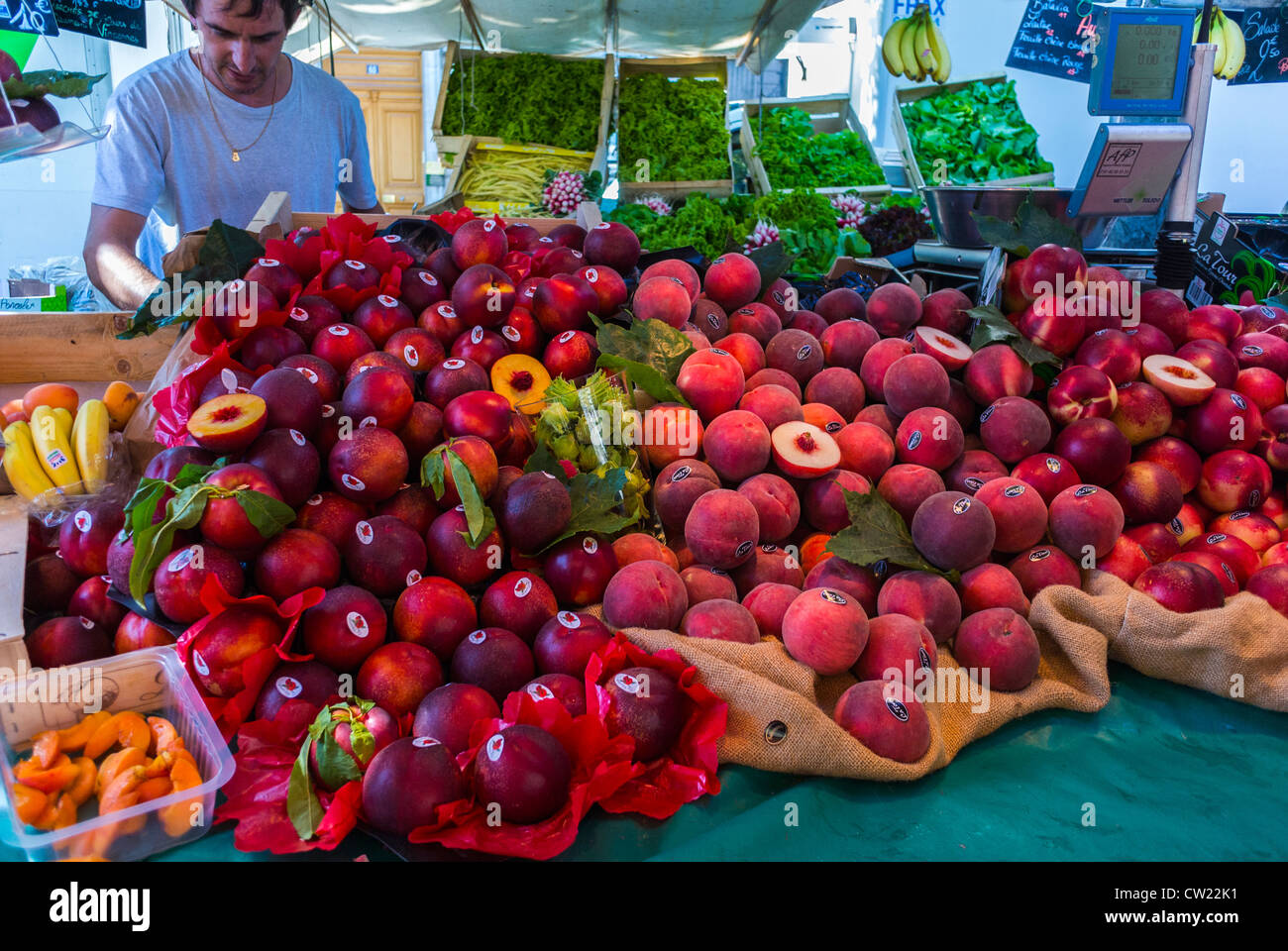 Paris, France, Peaches on Display in Outdoor French Farmers Food Market