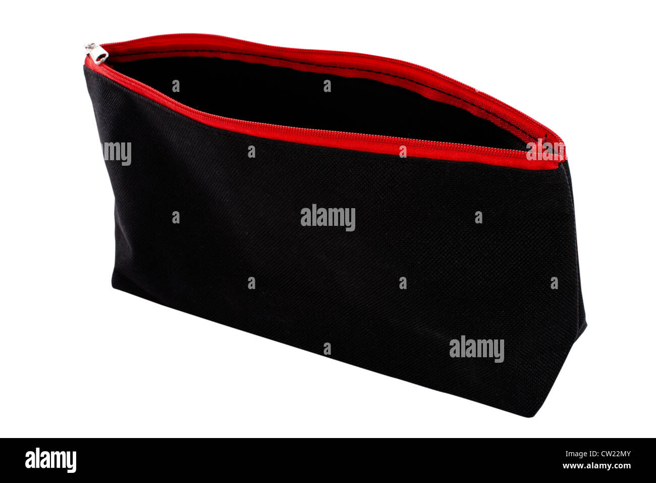 Open black accessory zipper pouch on white background Stock Photo Alamy