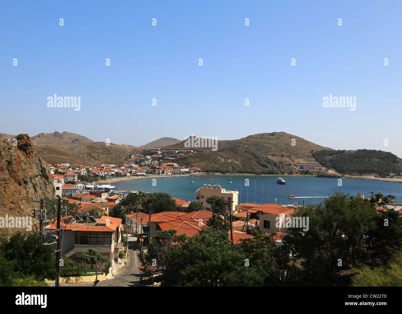 The fishing village of Myrina on the Greek island of Lemnos seen from above Stock Photo