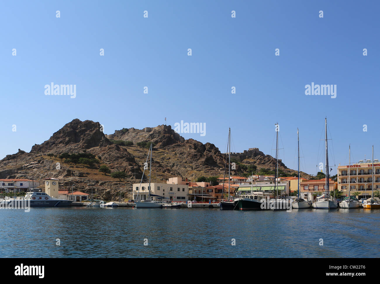 The harbour of Myrina with its Venetian castle on the Greek island of Lemnos Stock Photo