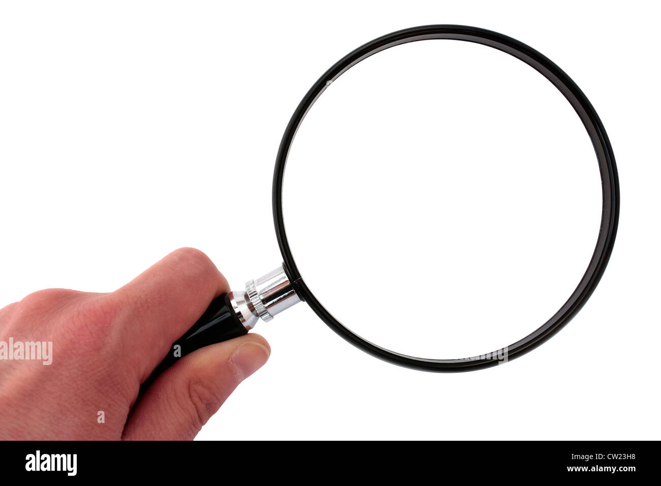 Hand holding a magnifying glass on white background. Including clipping path (Inside and outside