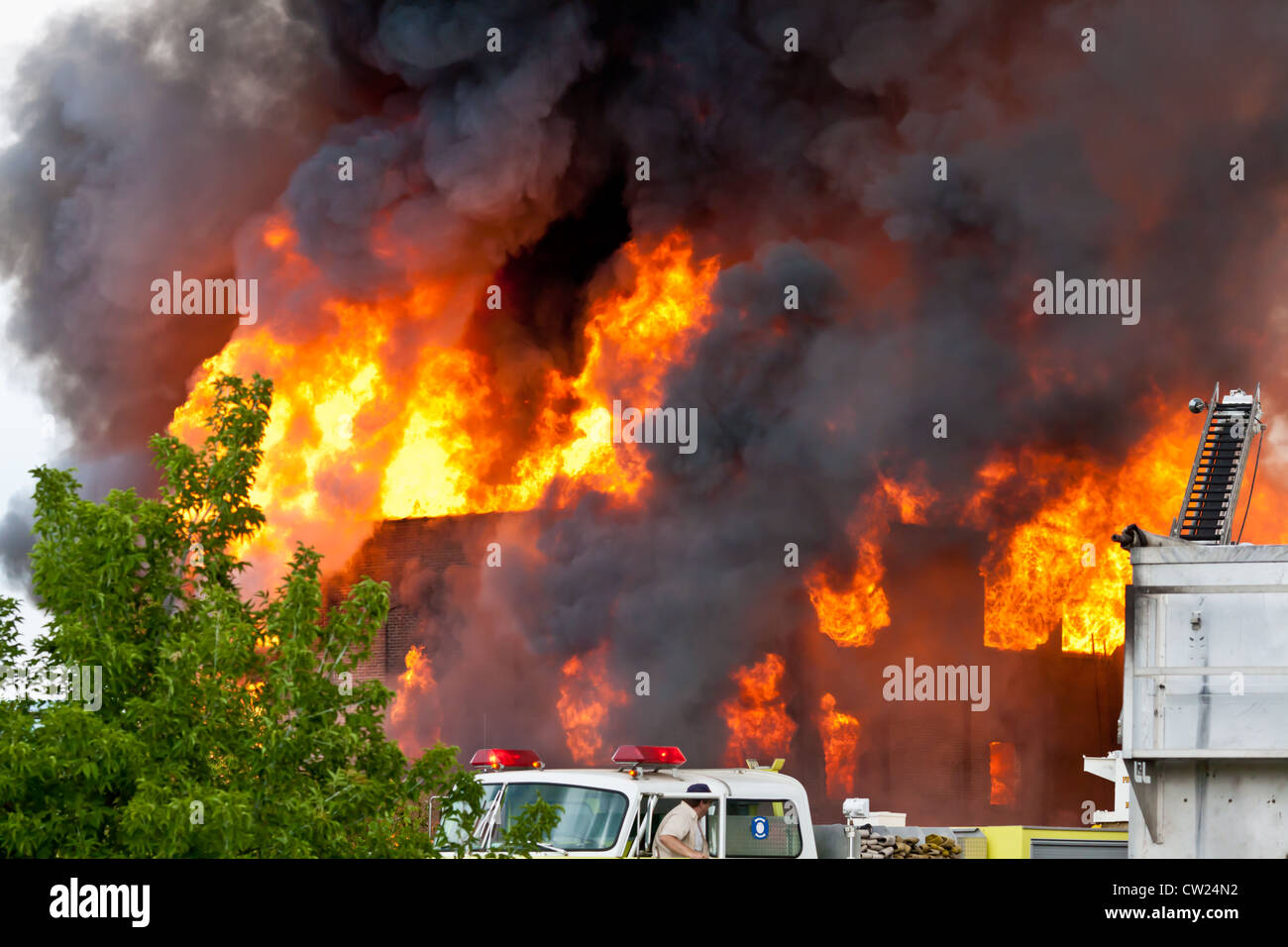 Largest fire ever in Herkimer County, New York, consumed 15 buildings, Union Hoe and Fork, Frankfort, August 2012 Stock Photo
