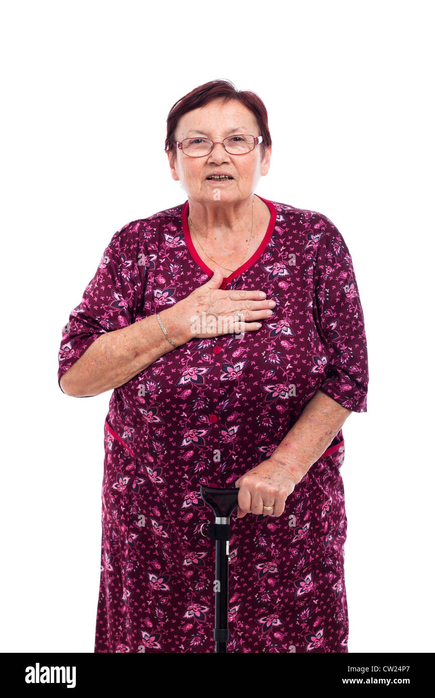 Portrait of surprised senior woman, isolated on white background. Stock Photo