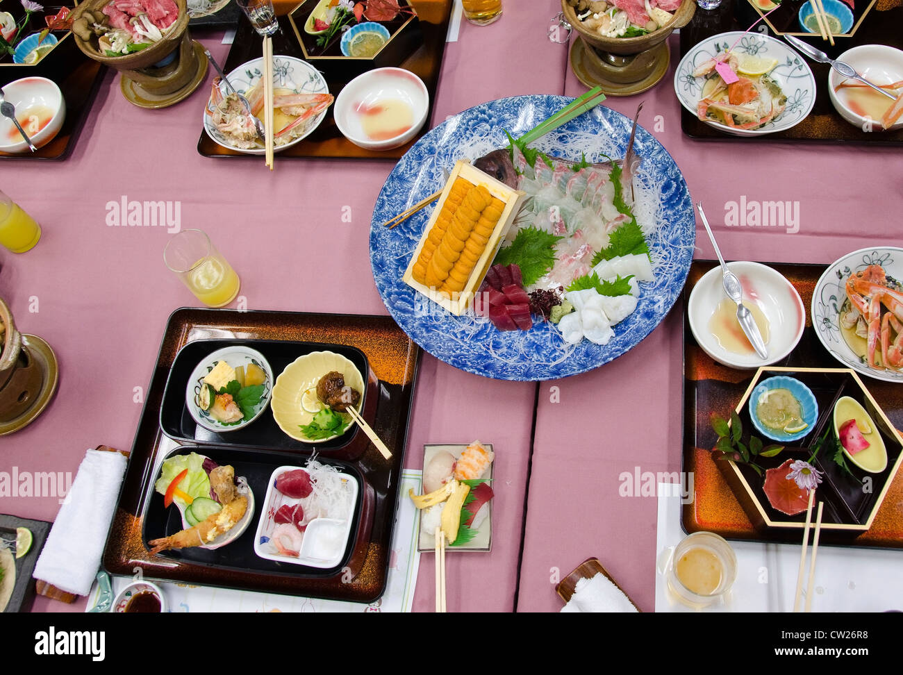 Japanese dishes in a traditional restaurant after dinner Stock Photo