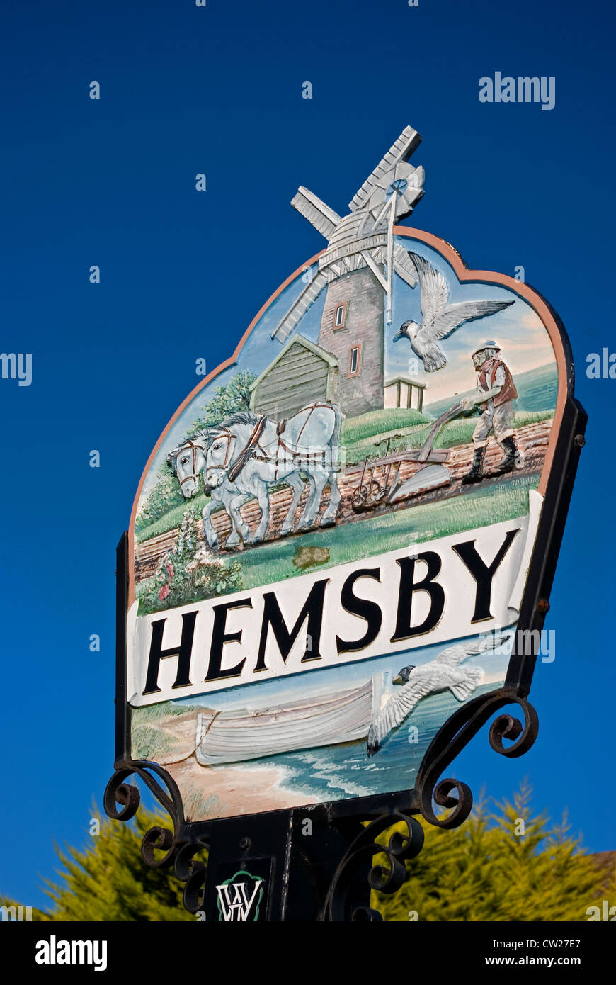 The Village Sign for Hemsby in Norfolk Stock Photo