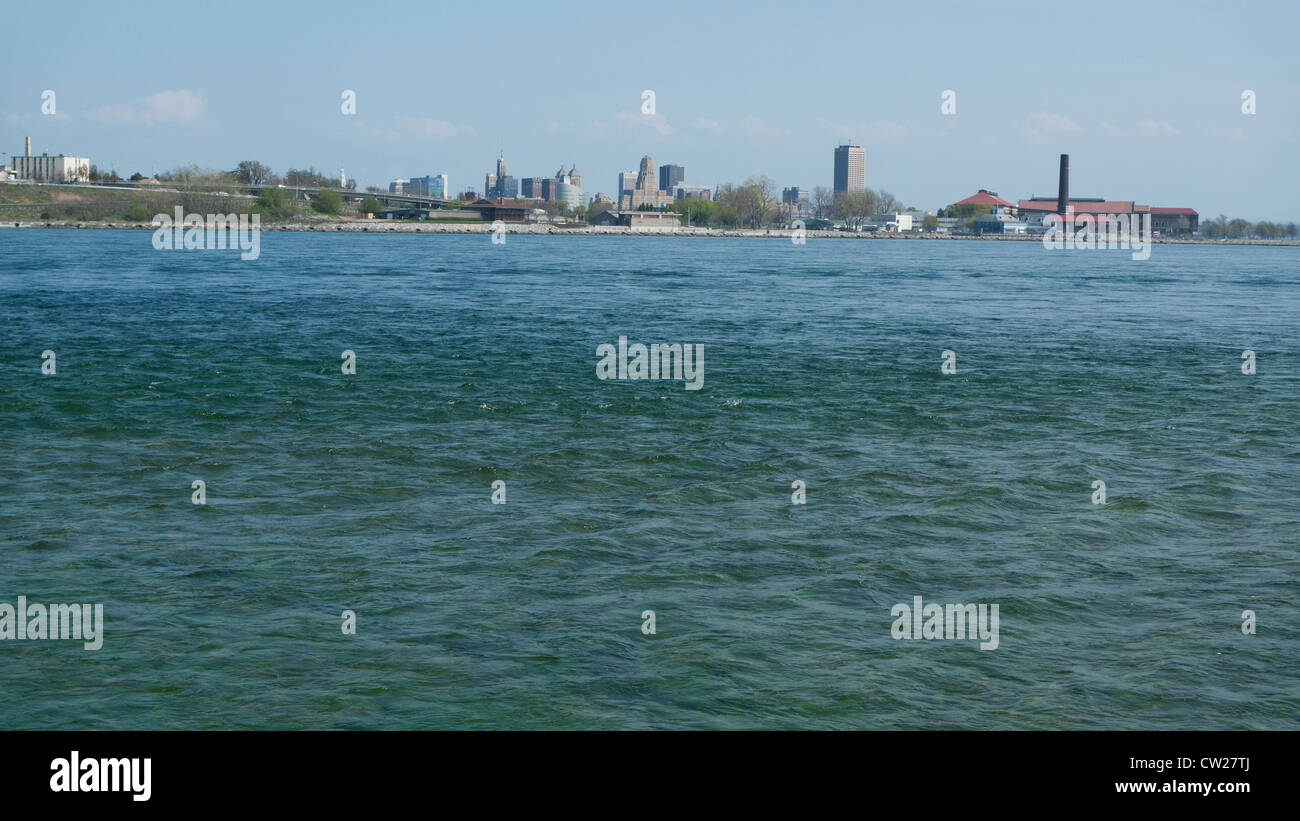 A vew of the skyline of Buffalo from Fort Erie where waters of Lake Erie enter the Niagara River, Ontario, Canada Stock Photo