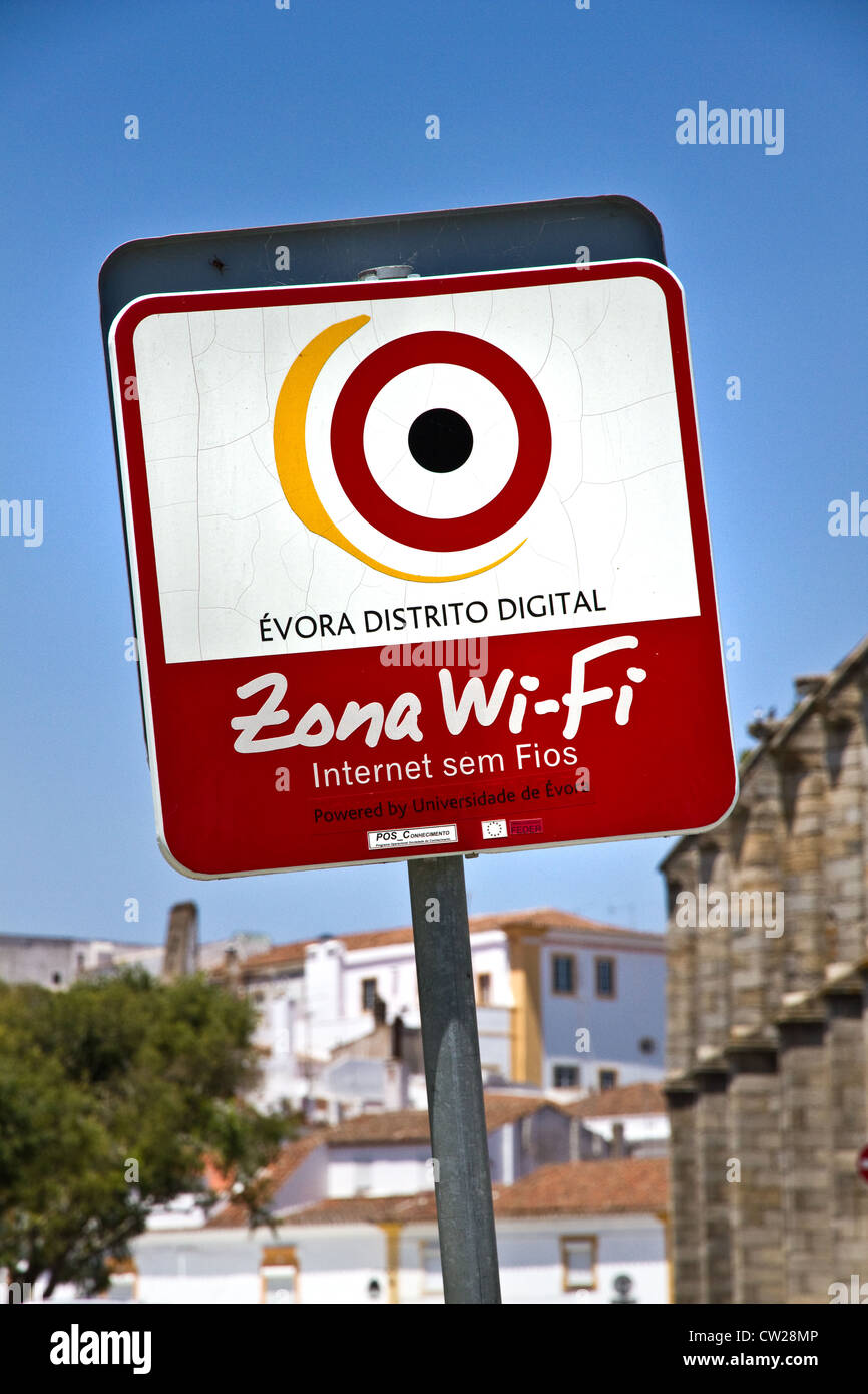 Sign for Wi-Fi zone in town centre, Evora, Alentejo, Portugal Stock Photo