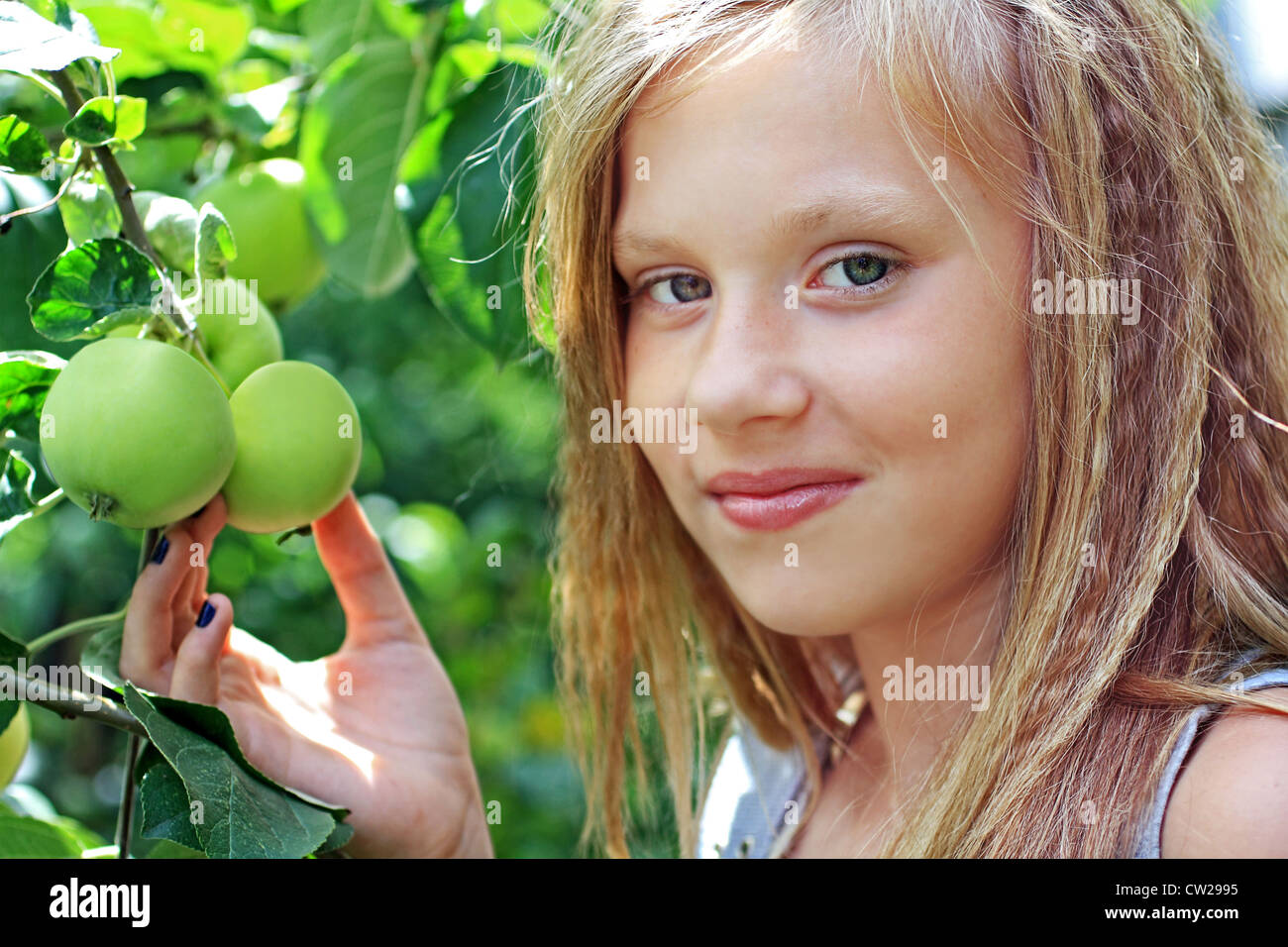 A 12 years old girl with green apples in the garden Stock Photo