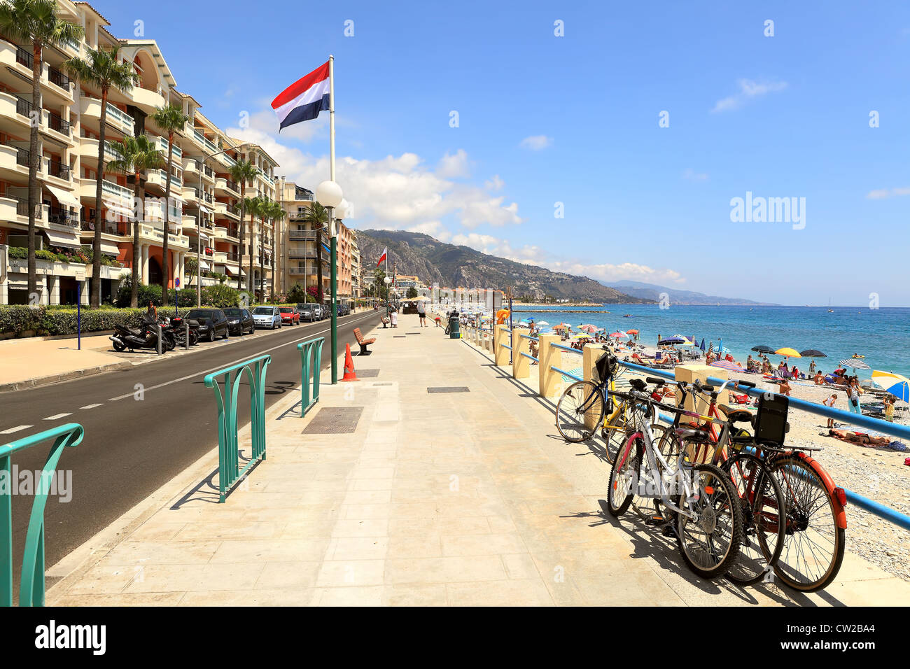 Promenade along seashore and hotels in Menton (aka The Pearl of France) - the town on French Riviera. Stock Photo